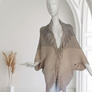 Cozy Beige and Gray Fringe Shawl